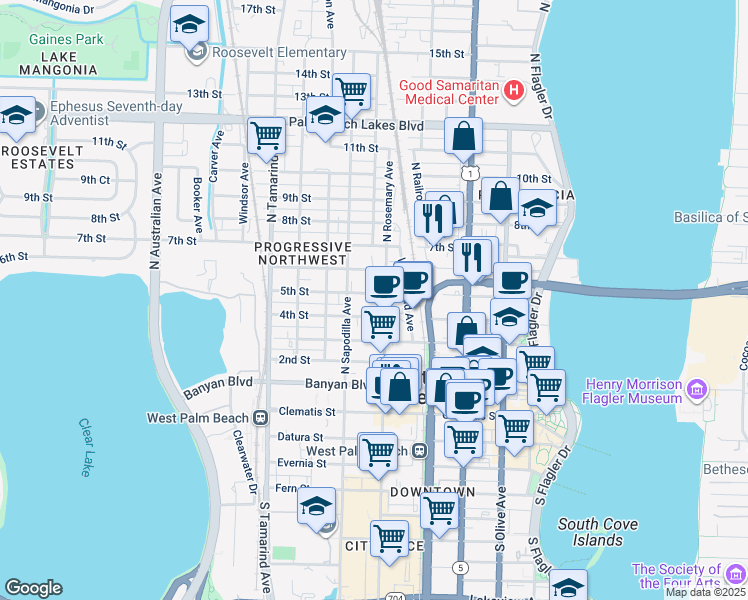 map of restaurants, bars, coffee shops, grocery stores, and more near 622 5th Street in West Palm Beach