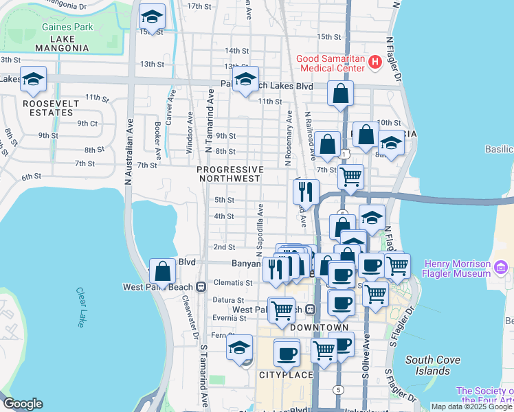 map of restaurants, bars, coffee shops, grocery stores, and more near 720 5th Street in West Palm Beach