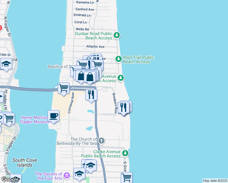 map of restaurants, bars, coffee shops, grocery stores, and more near 2 North Breakers Row in Palm Beach