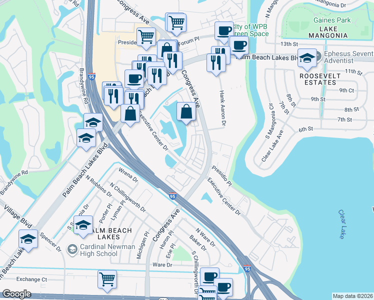 map of restaurants, bars, coffee shops, grocery stores, and more near 555 Pacific Grove Drive in West Palm Beach