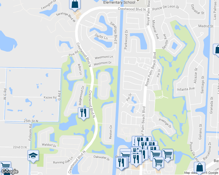 map of restaurants, bars, coffee shops, grocery stores, and more near 2102 Bellcrest Court in Royal Palm Beach