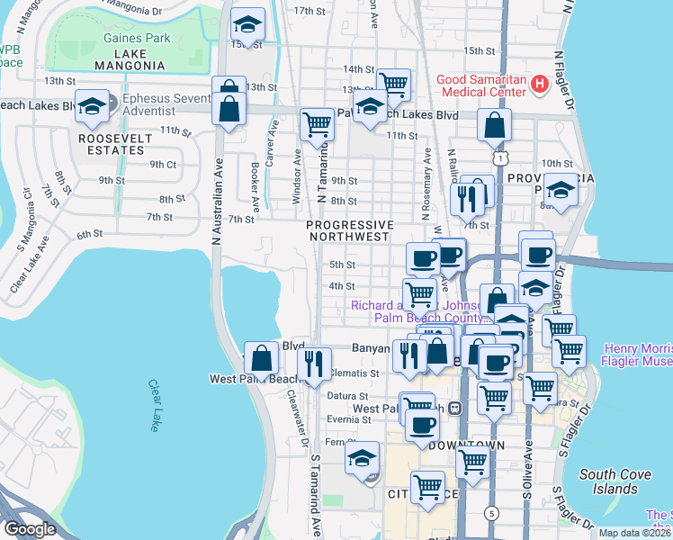 map of restaurants, bars, coffee shops, grocery stores, and more near 906 5th Street in West Palm Beach