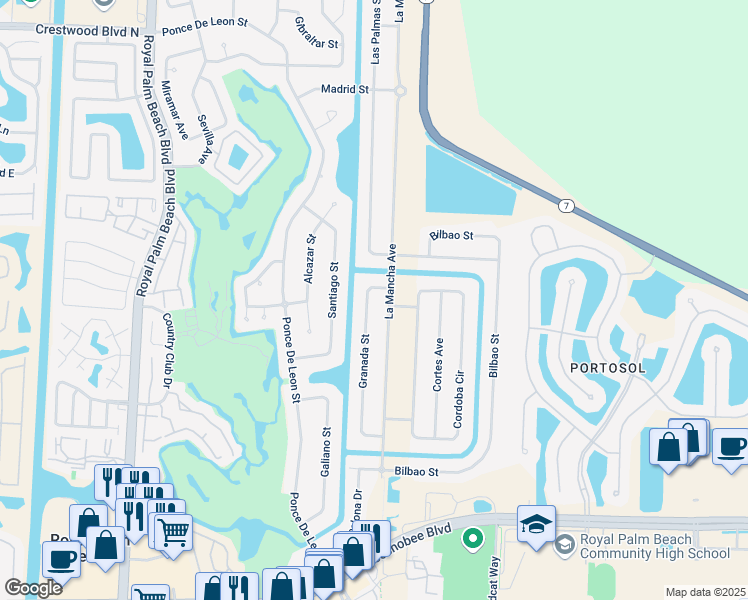 map of restaurants, bars, coffee shops, grocery stores, and more near 151 Granada Street in Royal Palm Beach