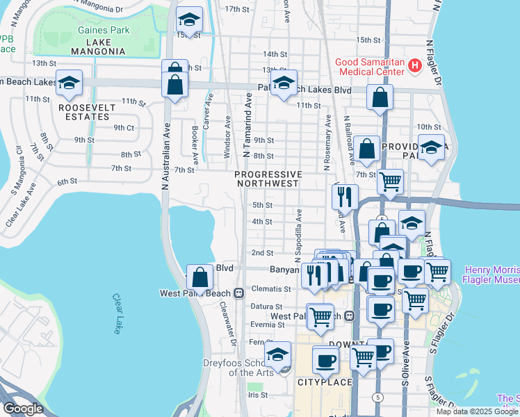 map of restaurants, bars, coffee shops, grocery stores, and more near 906 5th Street in West Palm Beach