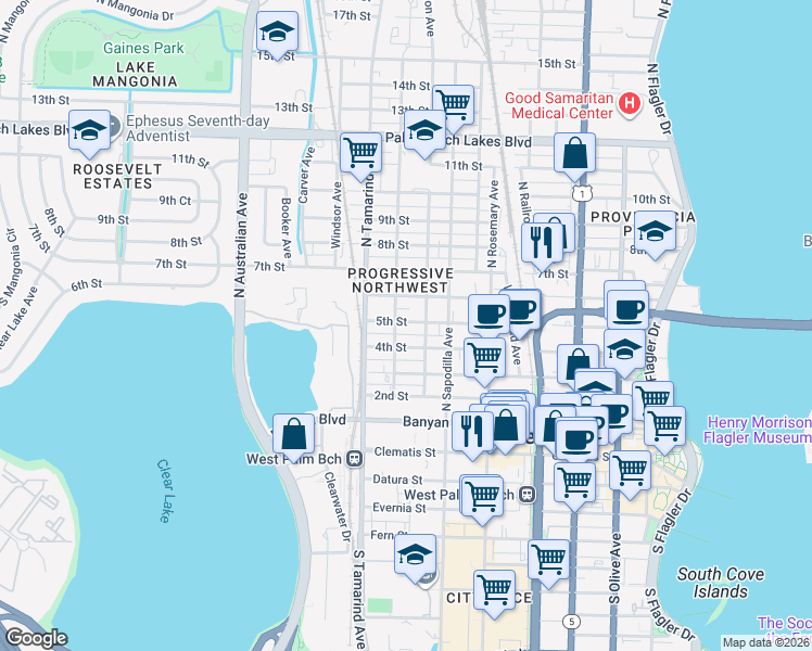 map of restaurants, bars, coffee shops, grocery stores, and more near 720 5th Street in West Palm Beach