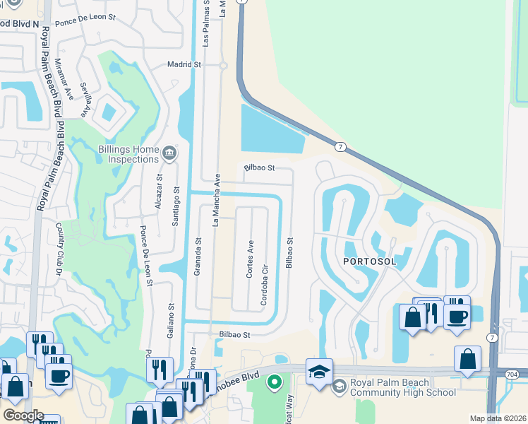 map of restaurants, bars, coffee shops, grocery stores, and more near 164 Cordoba Circle in Royal Palm Beach