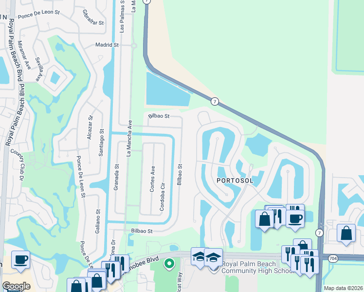 map of restaurants, bars, coffee shops, grocery stores, and more near 201 Bilbao Street in Royal Palm Beach