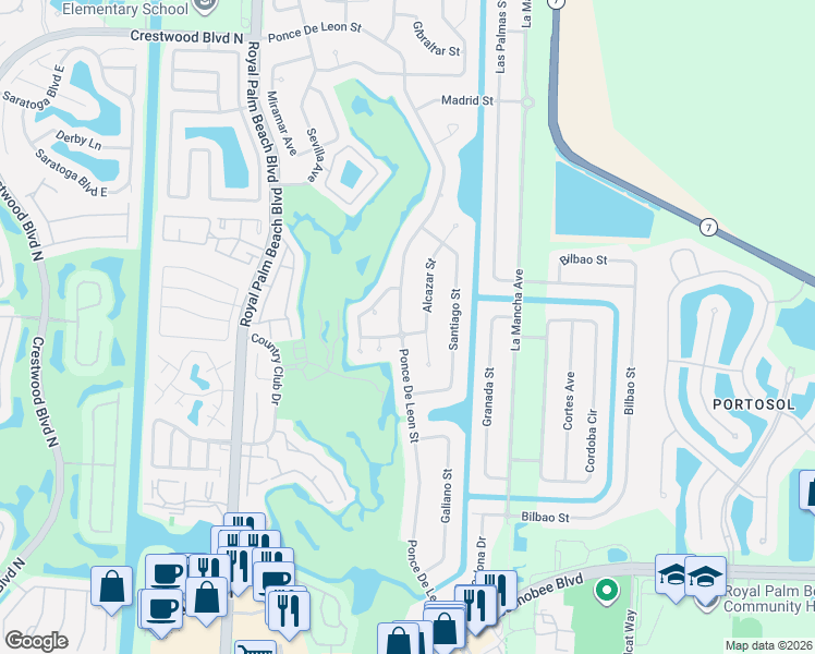 map of restaurants, bars, coffee shops, grocery stores, and more near 169 Ponce De Leon Street in Royal Palm Beach