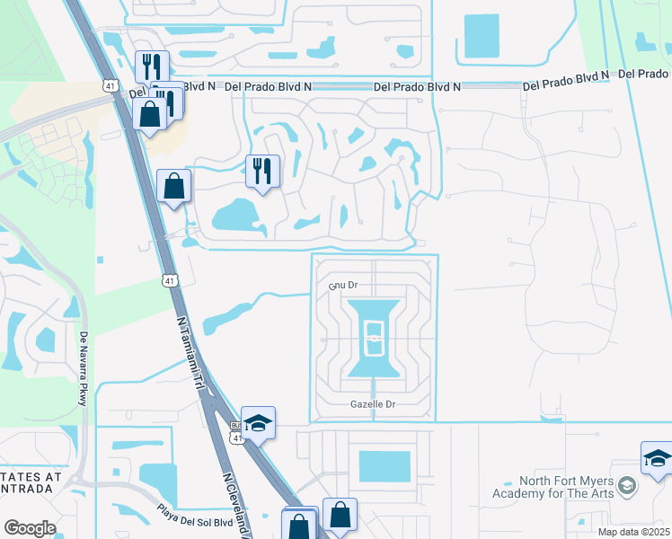 map of restaurants, bars, coffee shops, grocery stores, and more near 373 Zebra Drive in North Fort Myers