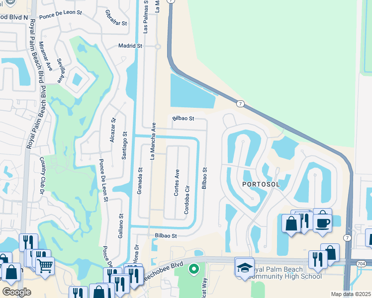map of restaurants, bars, coffee shops, grocery stores, and more near 164 Cordoba Circle in Royal Palm Beach