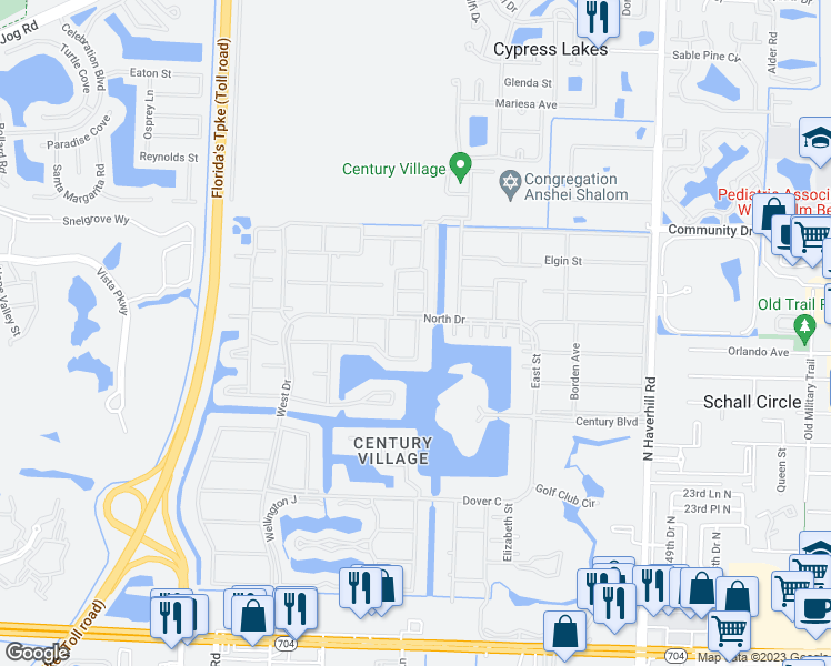 map of restaurants, bars, coffee shops, grocery stores, and more near 433 Chatham U in West Palm Beach