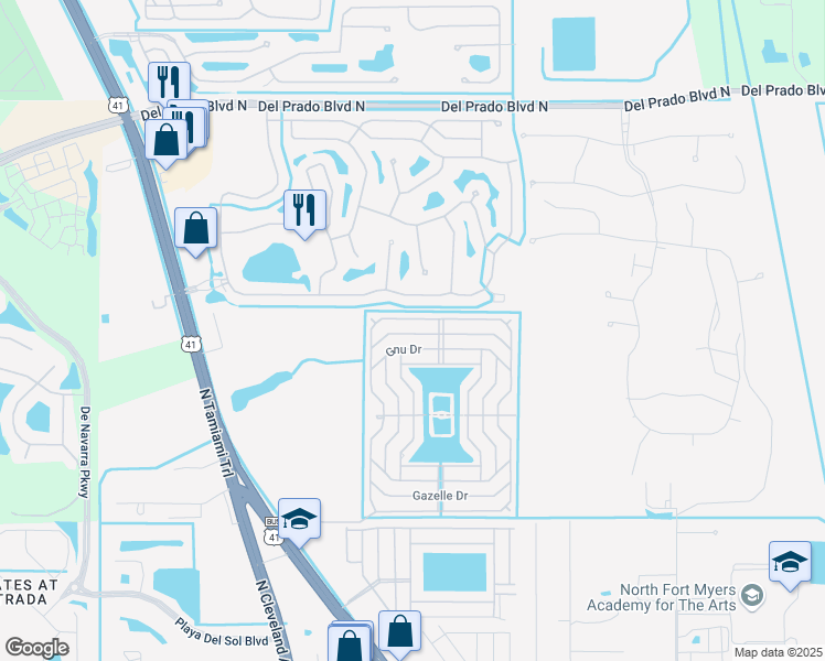 map of restaurants, bars, coffee shops, grocery stores, and more near 373 Zebra Drive in North Fort Myers