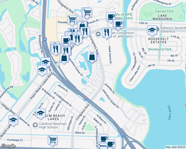 map of restaurants, bars, coffee shops, grocery stores, and more near 601 Pacific Grove Drive in West Palm Beach