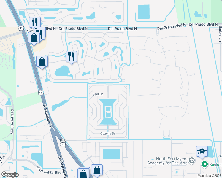 map of restaurants, bars, coffee shops, grocery stores, and more near 529 Zebra Drive in North Fort Myers