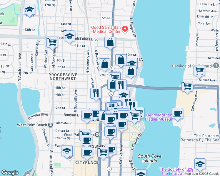 map of restaurants, bars, coffee shops, grocery stores, and more near 601 North Dixie Highway in West Palm Beach