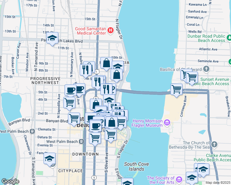 map of restaurants, bars, coffee shops, grocery stores, and more near 201 5th Street in West Palm Beach