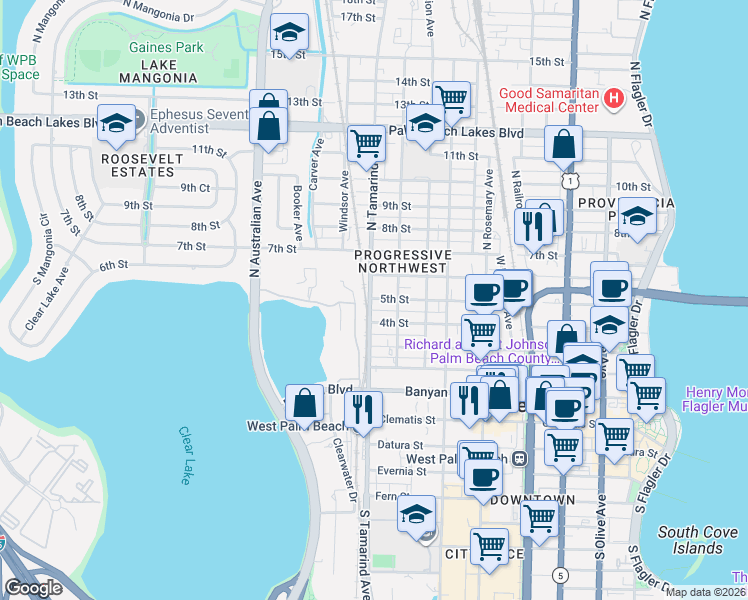 map of restaurants, bars, coffee shops, grocery stores, and more near 906 5th Street in West Palm Beach