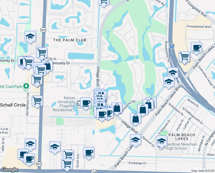 map of restaurants, bars, coffee shops, grocery stores, and more near 1620 Village Boulevard in West Palm Beach