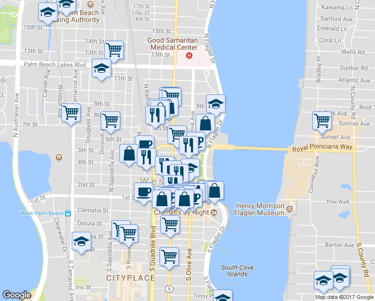 map of restaurants, bars, coffee shops, grocery stores, and more near 605 North Olive Avenue in West Palm Beach