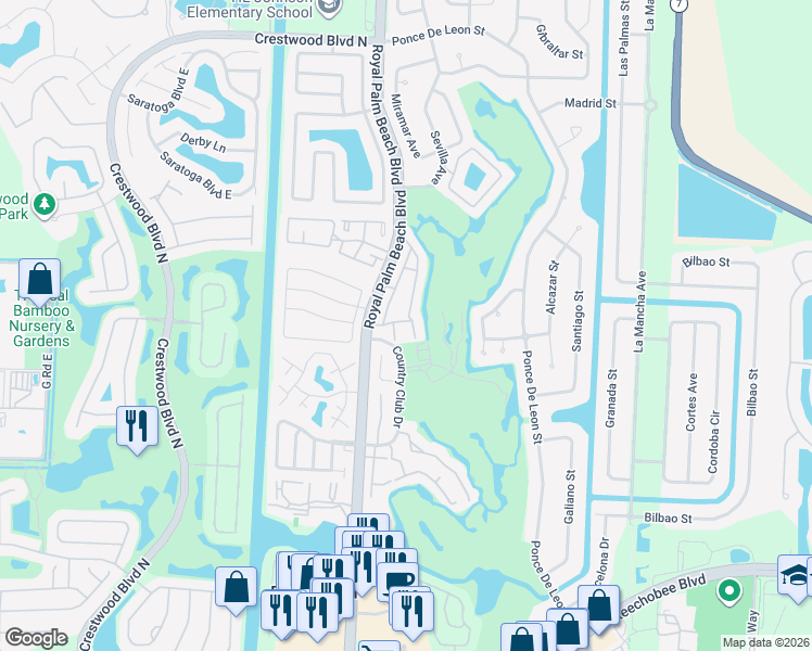 map of restaurants, bars, coffee shops, grocery stores, and more near 156 Sandy Lane in Royal Palm Beach