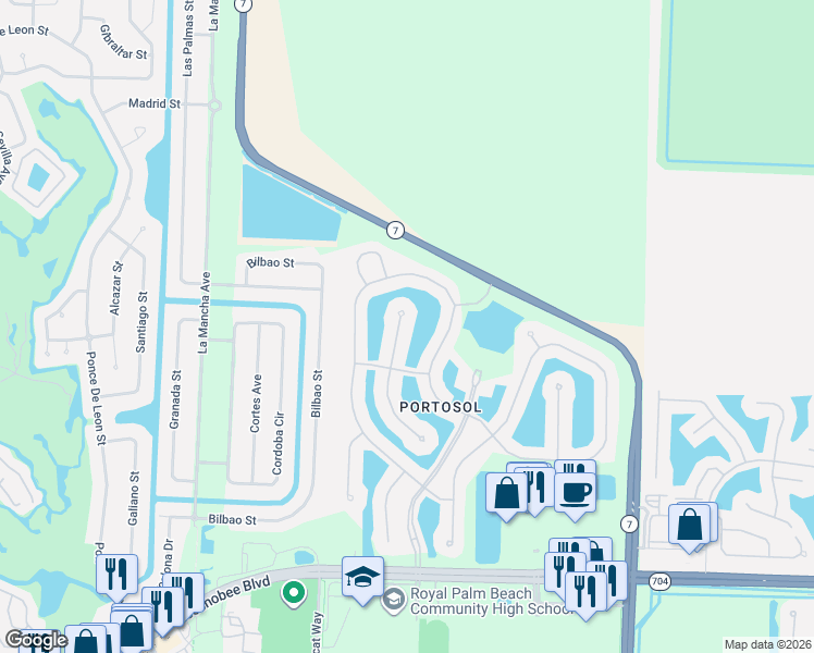 map of restaurants, bars, coffee shops, grocery stores, and more near 2540 Vicara Court in Royal Palm Beach