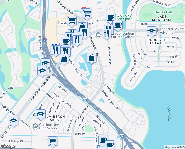 map of restaurants, bars, coffee shops, grocery stores, and more near 601 Pacific Grove Drive in West Palm Beach