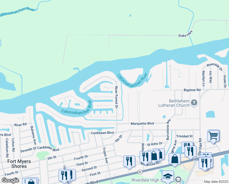 map of restaurants, bars, coffee shops, grocery stores, and more near 13781 River Forest Drive in Fort Myers