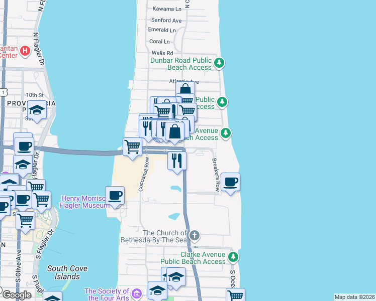 map of restaurants, bars, coffee shops, grocery stores, and more near 95 North County Road in Palm Beach