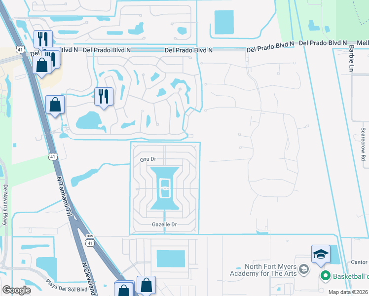 map of restaurants, bars, coffee shops, grocery stores, and more near 538 Zebra Drive in North Fort Myers