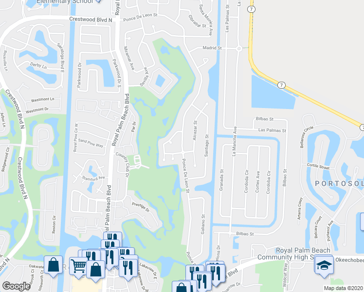 map of restaurants, bars, coffee shops, grocery stores, and more near 171 Ponce De Leon Street in Royal Palm Beach
