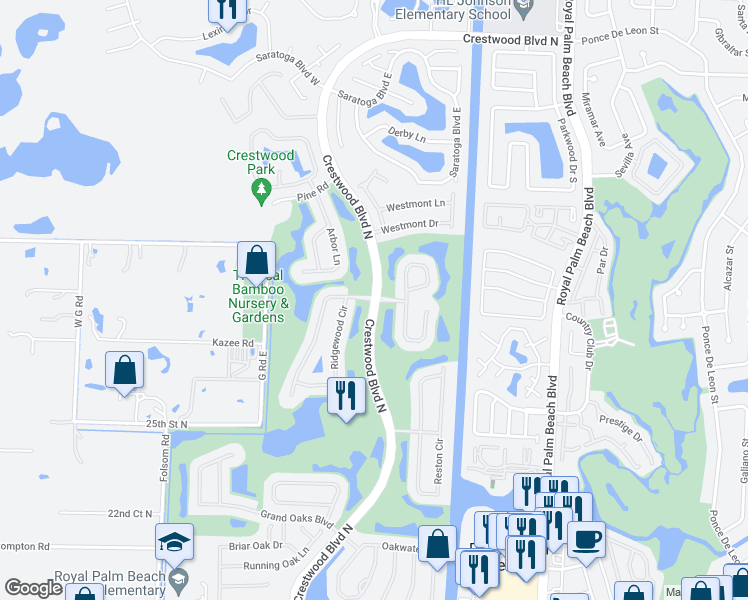 map of restaurants, bars, coffee shops, grocery stores, and more near Crestwood Blvd N & Bellcrest Cir in Royal Palm Beach