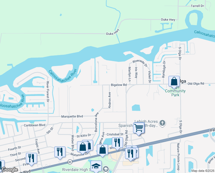 map of restaurants, bars, coffee shops, grocery stores, and more near 14361 Bigelow Road in Fort Myers