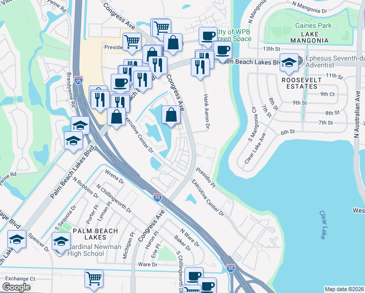 map of restaurants, bars, coffee shops, grocery stores, and more near 661 Corte Madera Lane in West Palm Beach