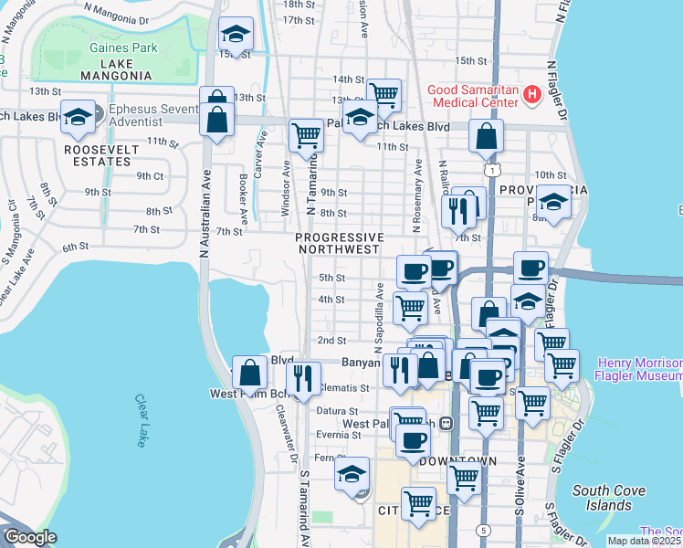 map of restaurants, bars, coffee shops, grocery stores, and more near 906 5th Street in West Palm Beach