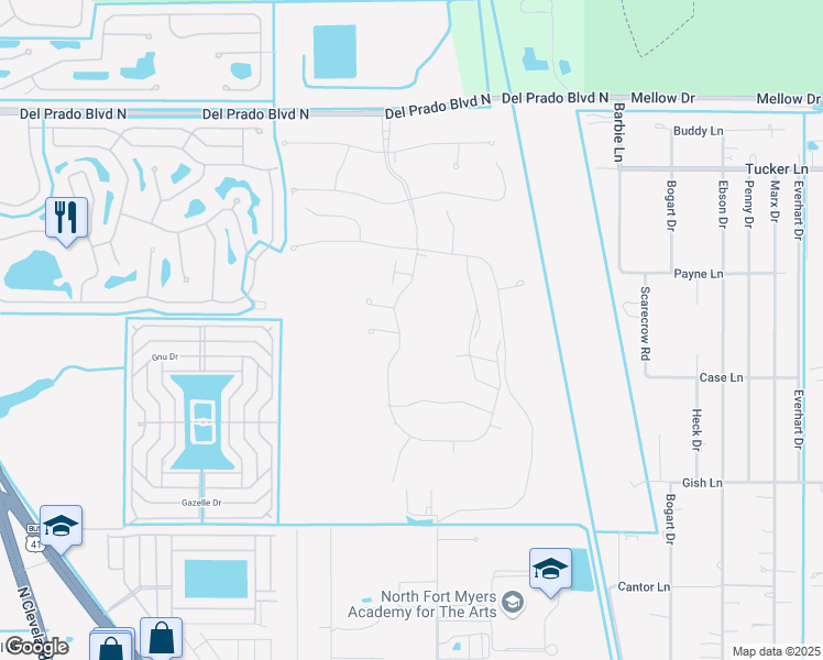map of restaurants, bars, coffee shops, grocery stores, and more near 4091 Del Prado Boulevard North in North Fort Myers