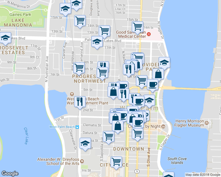 map of restaurants, bars, coffee shops, grocery stores, and more near 622 5th Street in West Palm Beach