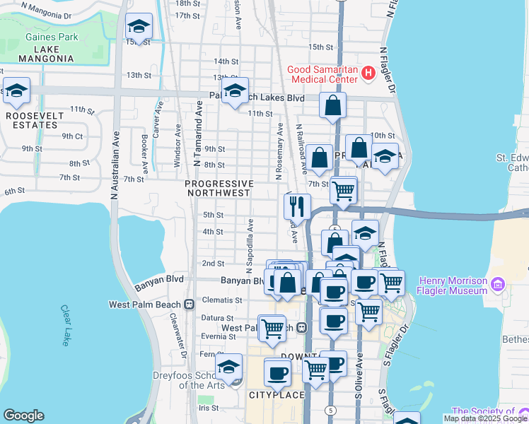 map of restaurants, bars, coffee shops, grocery stores, and more near 622 5th Street in West Palm Beach