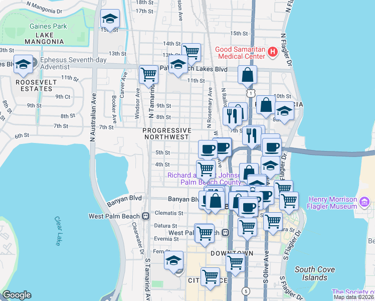 map of restaurants, bars, coffee shops, grocery stores, and more near 622 5th Street in West Palm Beach