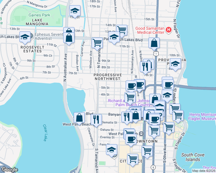 map of restaurants, bars, coffee shops, grocery stores, and more near 906 5th Street in West Palm Beach