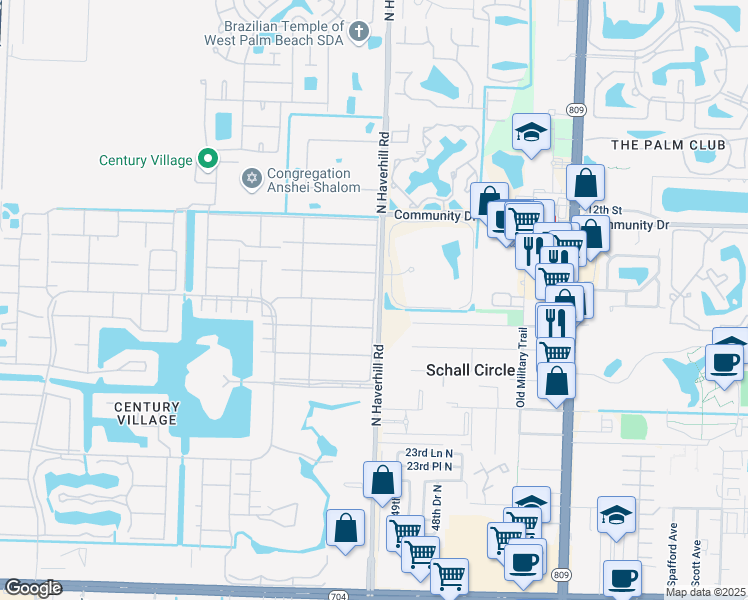 map of restaurants, bars, coffee shops, grocery stores, and more near Avon Street in West Palm Beach