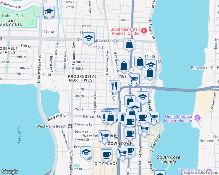 map of restaurants, bars, coffee shops, grocery stores, and more near 600 N Rosemary Ave in West Palm Beach
