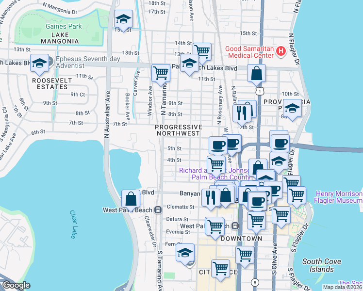 map of restaurants, bars, coffee shops, grocery stores, and more near 720 5th Street in West Palm Beach