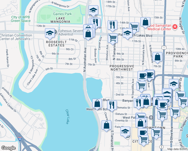 map of restaurants, bars, coffee shops, grocery stores, and more near 1009 Banyan Boulevard in West Palm Beach
