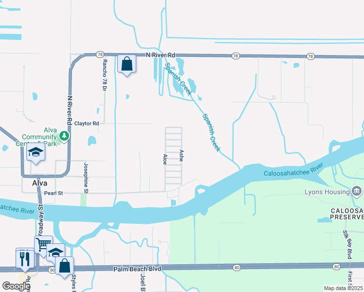 map of restaurants, bars, coffee shops, grocery stores, and more near 25 Ashe in Alva