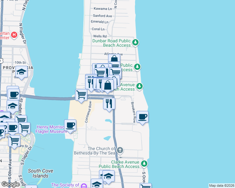 map of restaurants, bars, coffee shops, grocery stores, and more near 179 Main Street in Palm Beach