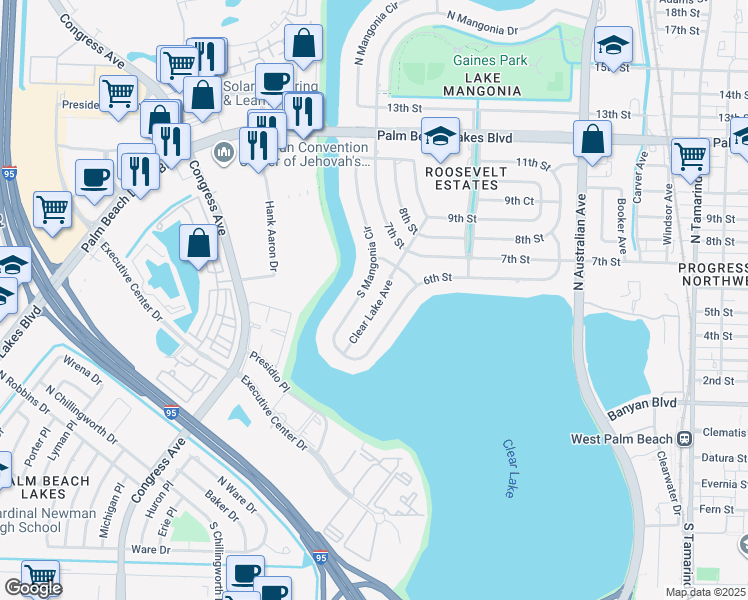 map of restaurants, bars, coffee shops, grocery stores, and more near 619 Clear Lake Avenue in West Palm Beach