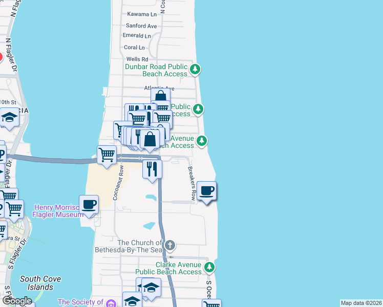map of restaurants, bars, coffee shops, grocery stores, and more near 2 North Breakers Row in Palm Beach