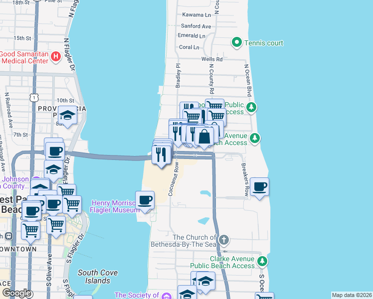 map of restaurants, bars, coffee shops, grocery stores, and more near 253 Royal Poinciana Way in Palm Beach