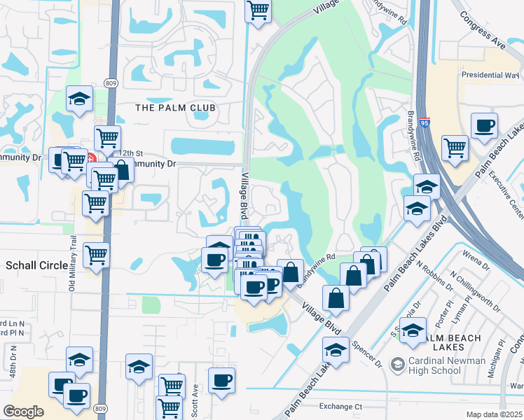 map of restaurants, bars, coffee shops, grocery stores, and more near 1620 Village Boulevard in West Palm Beach