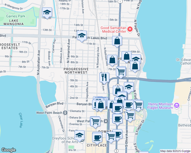 map of restaurants, bars, coffee shops, grocery stores, and more near 600 North Rosemary Avenue in West Palm Beach